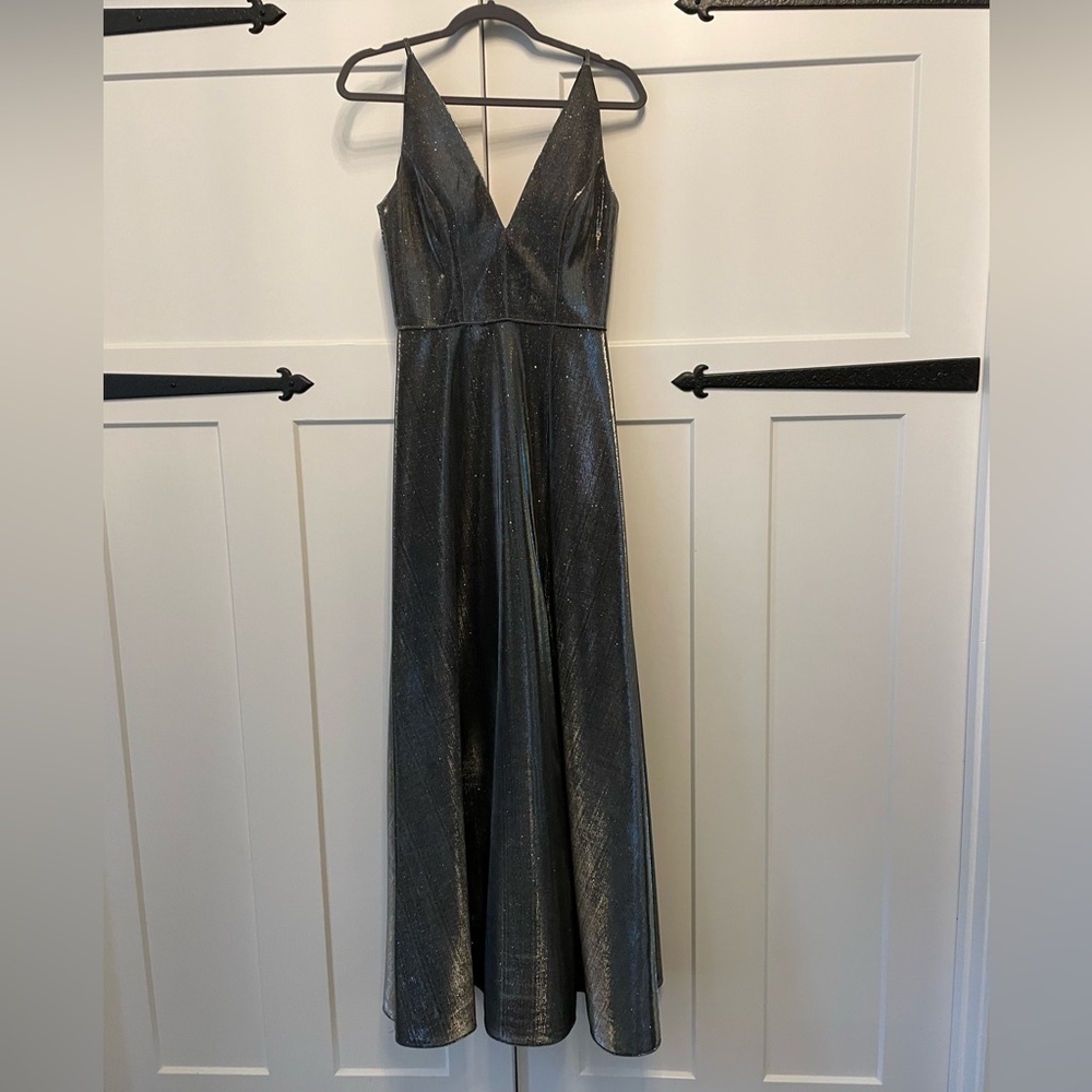 Betsy & Adam Silver Metallic V-Neck Long Dress